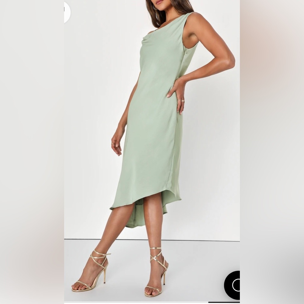Lulu’s Sage Green Asymmetrical Midi Dress